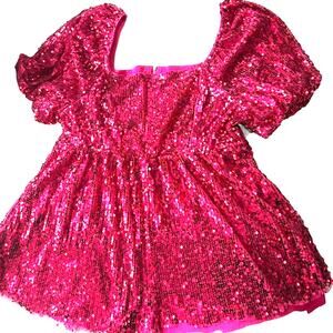 Hot Electric Pink Sequin Puff Sleeve Peplum Zip Up Top L Dopamine Birthday Party
